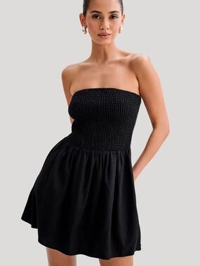 Holland Linen Shirring Mini Dress - Black